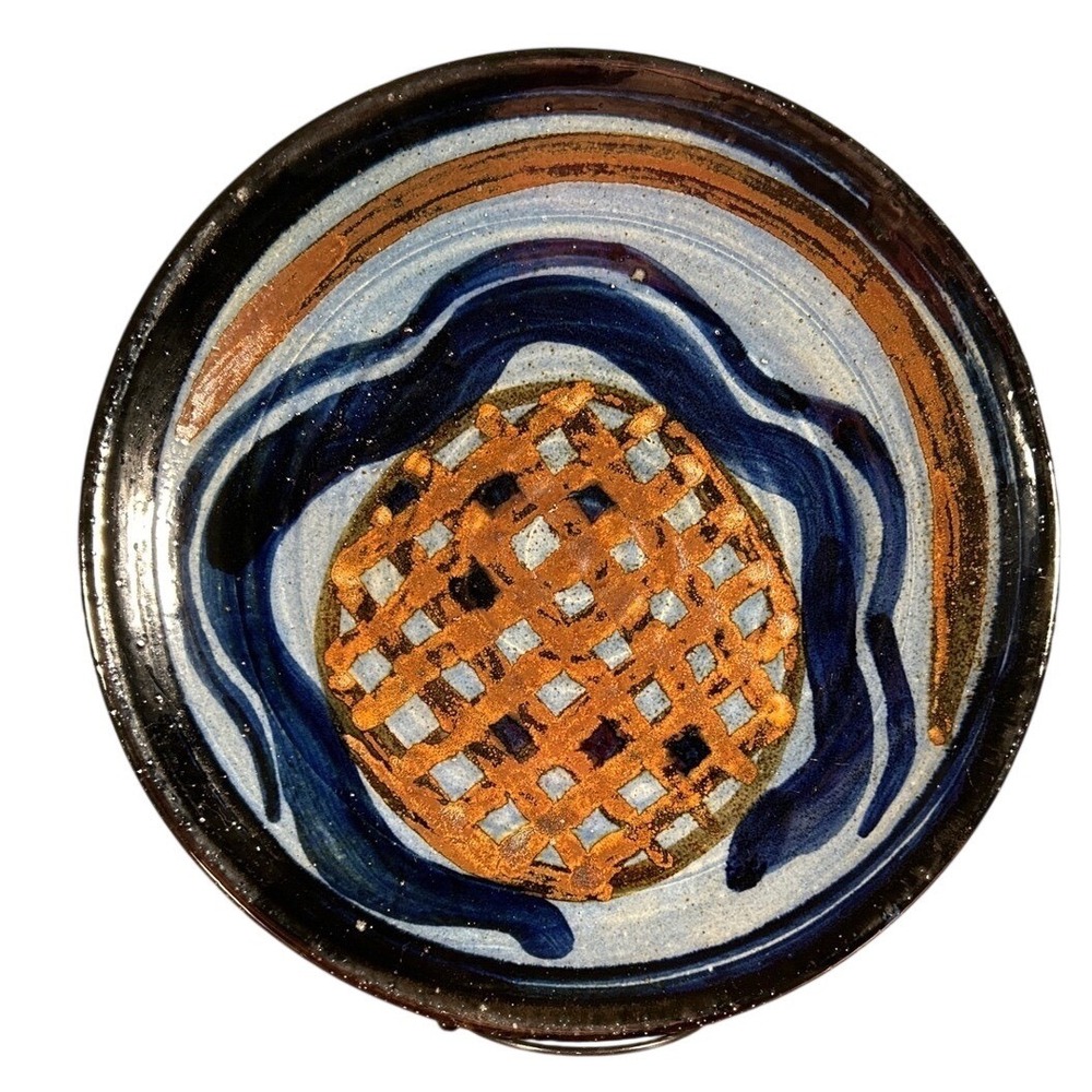 Marein Signed Studio Pottery Abstract Lattice Stoneware Charger Plate Blue Brown